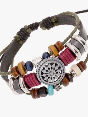 Boho Multi-Strand Beaded Leather Bracelet with Maroon Cord